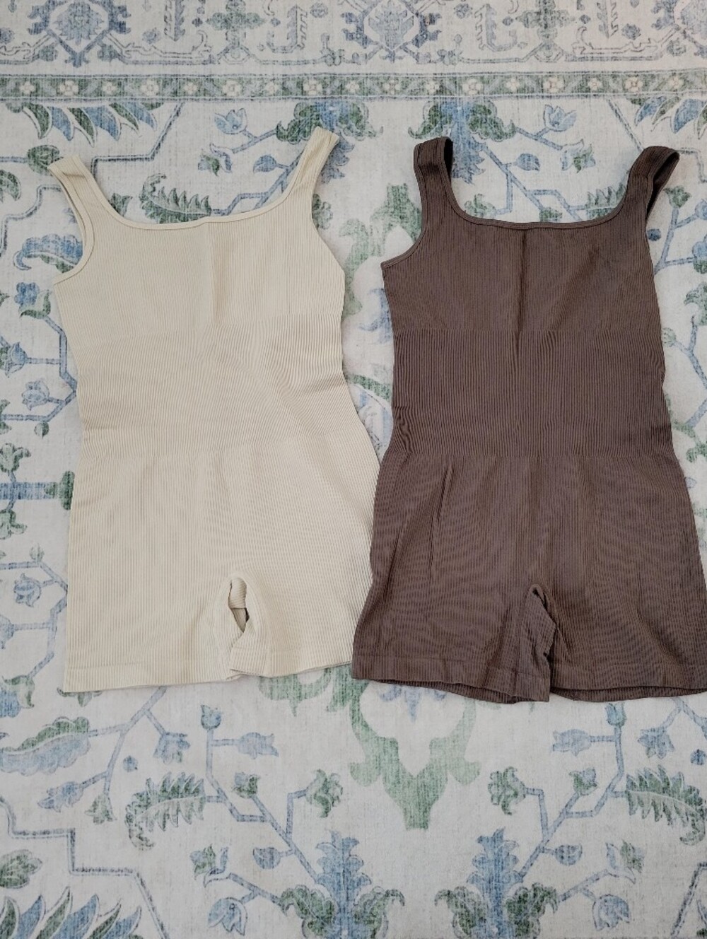 Women’s Ribbed Tank Romper - Cream and Brown